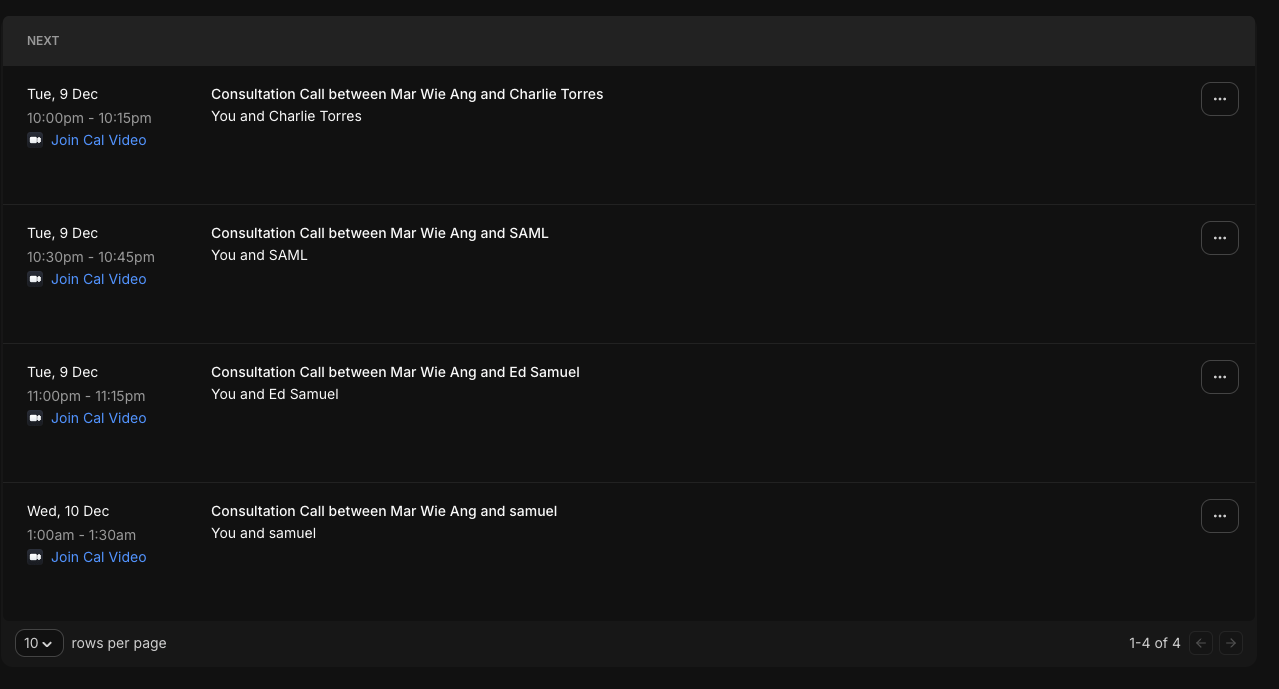 Calendar after booking showing new event on December 9 at 1pm