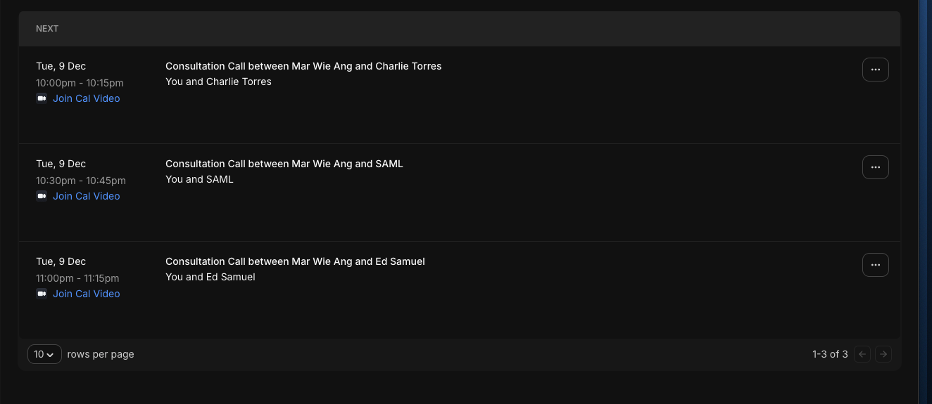 Calendar before booking showing occupied slots at 10am, 10:30am, and 11am