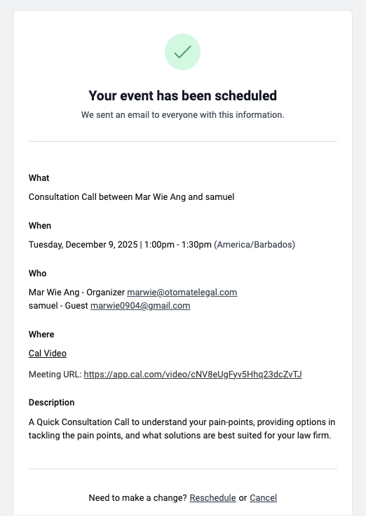 Confirmation email for the booked meeting