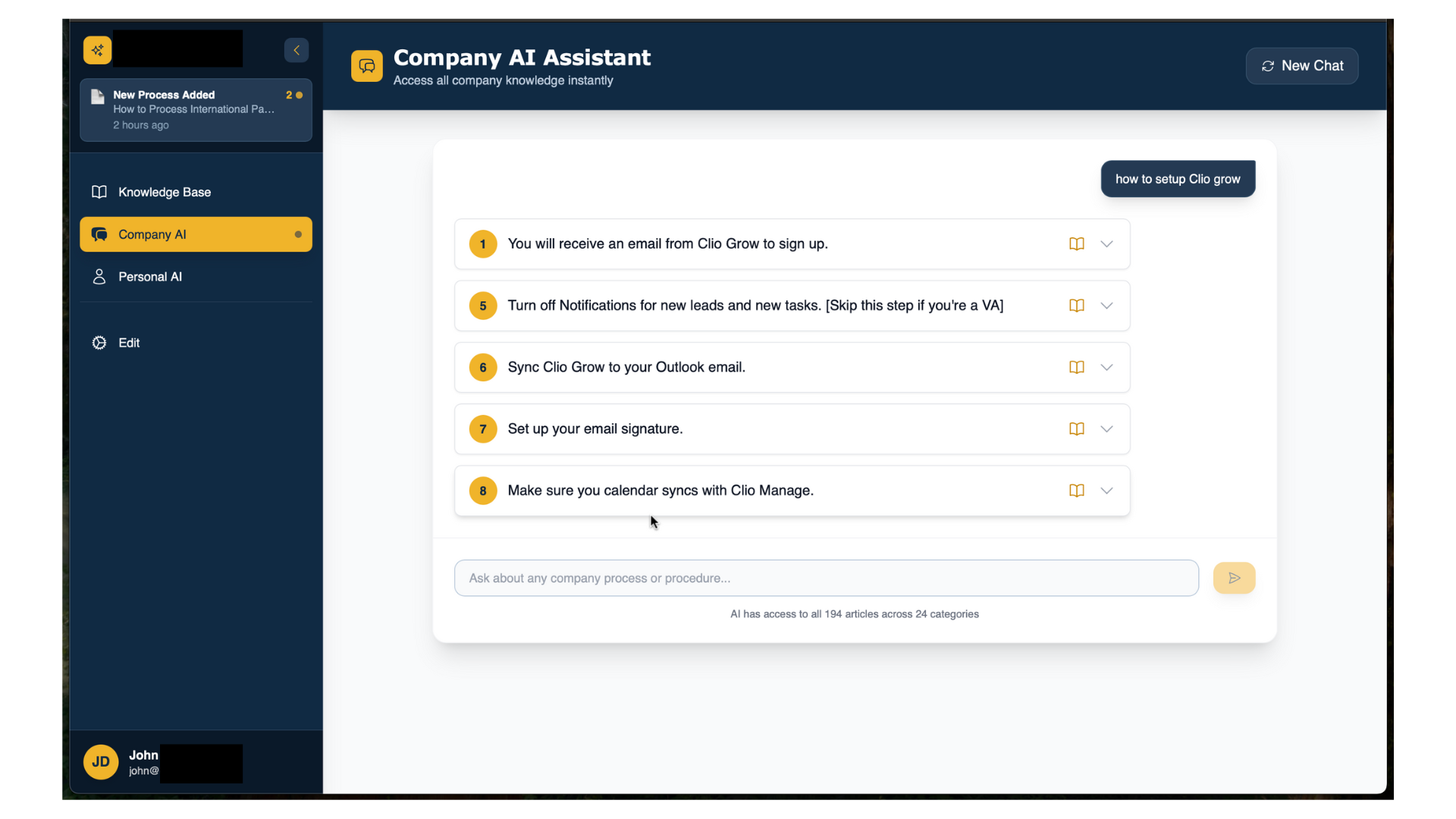 Internal Process AI showing step-by-step process with expandable dropdowns