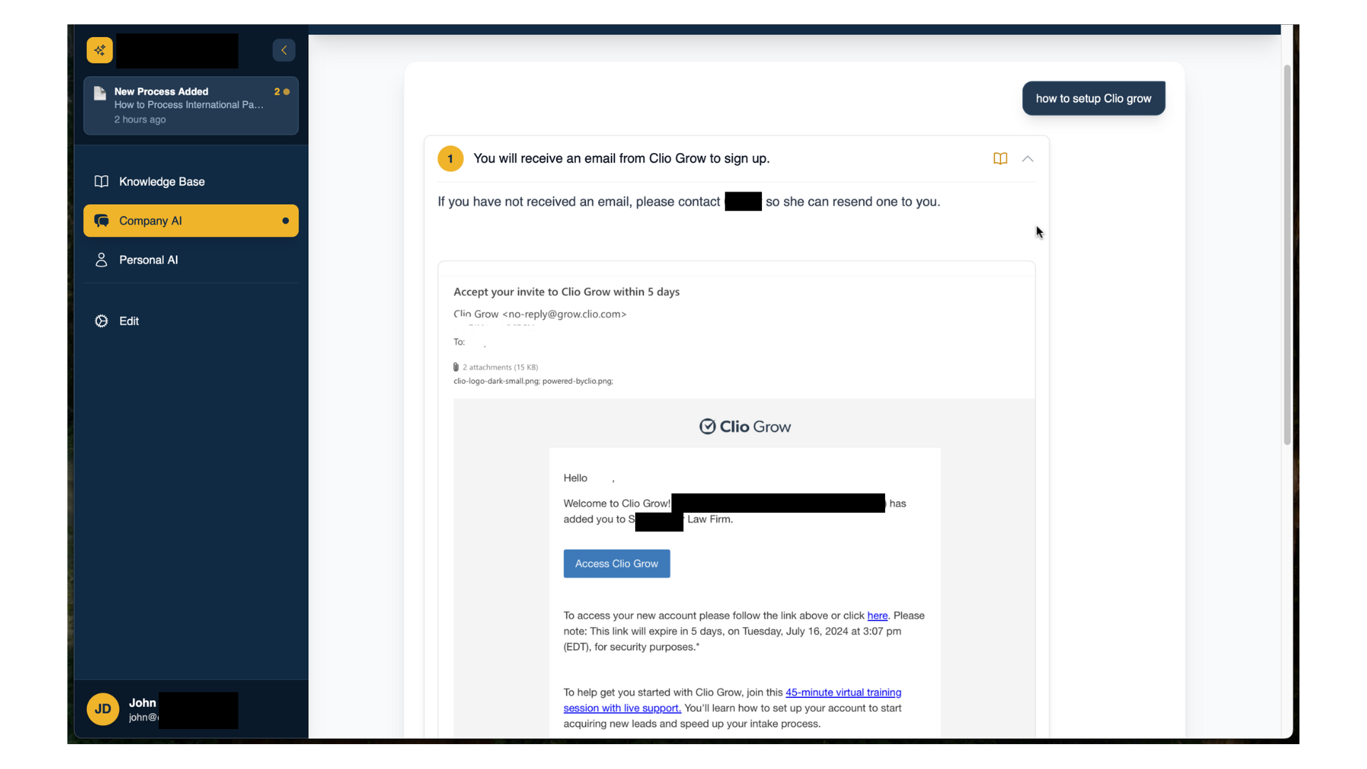 Expanded process step showing detailed instructions with embedded emails and attachments