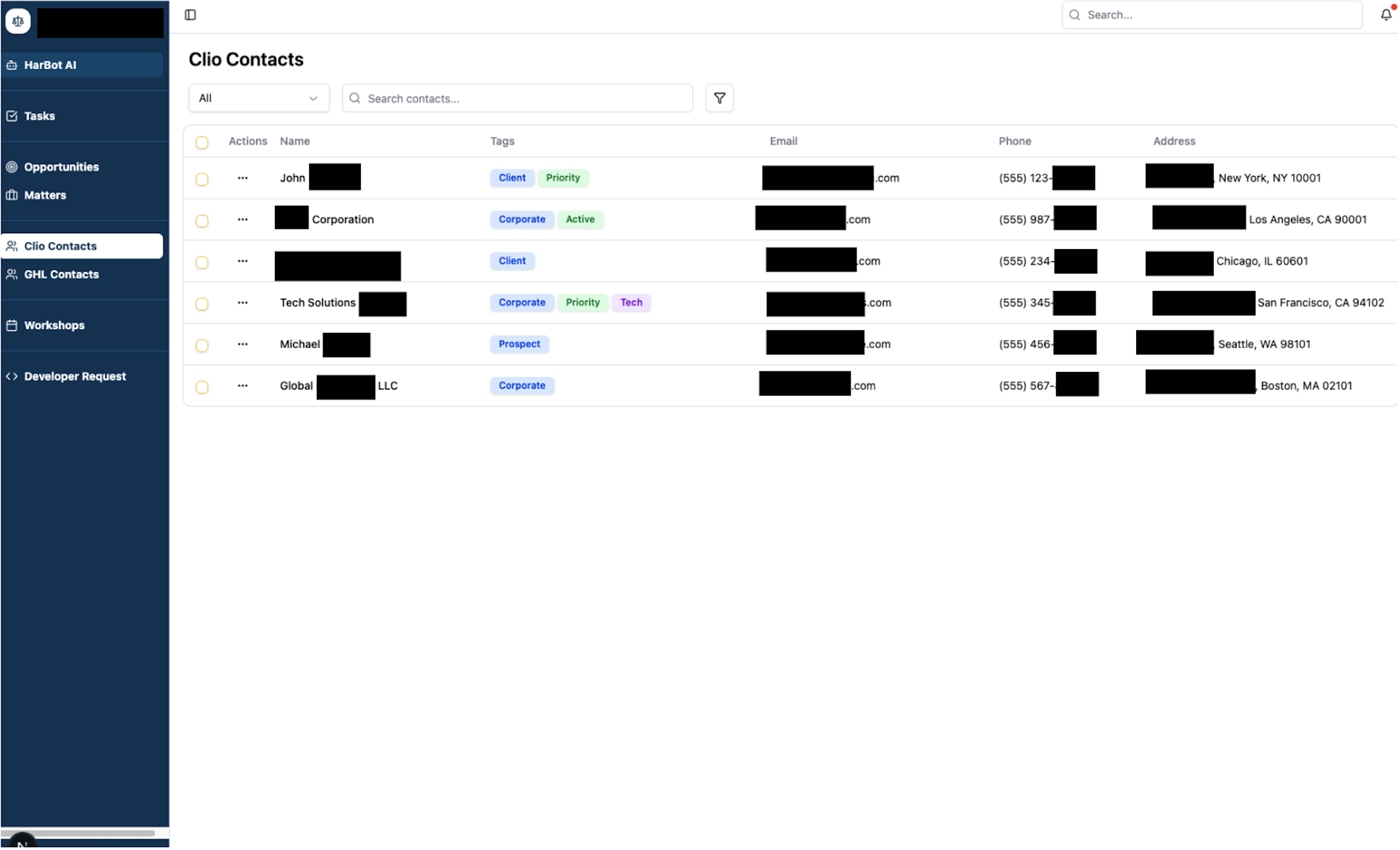 Custom CRM contact management showing client profiles with complete relationship history