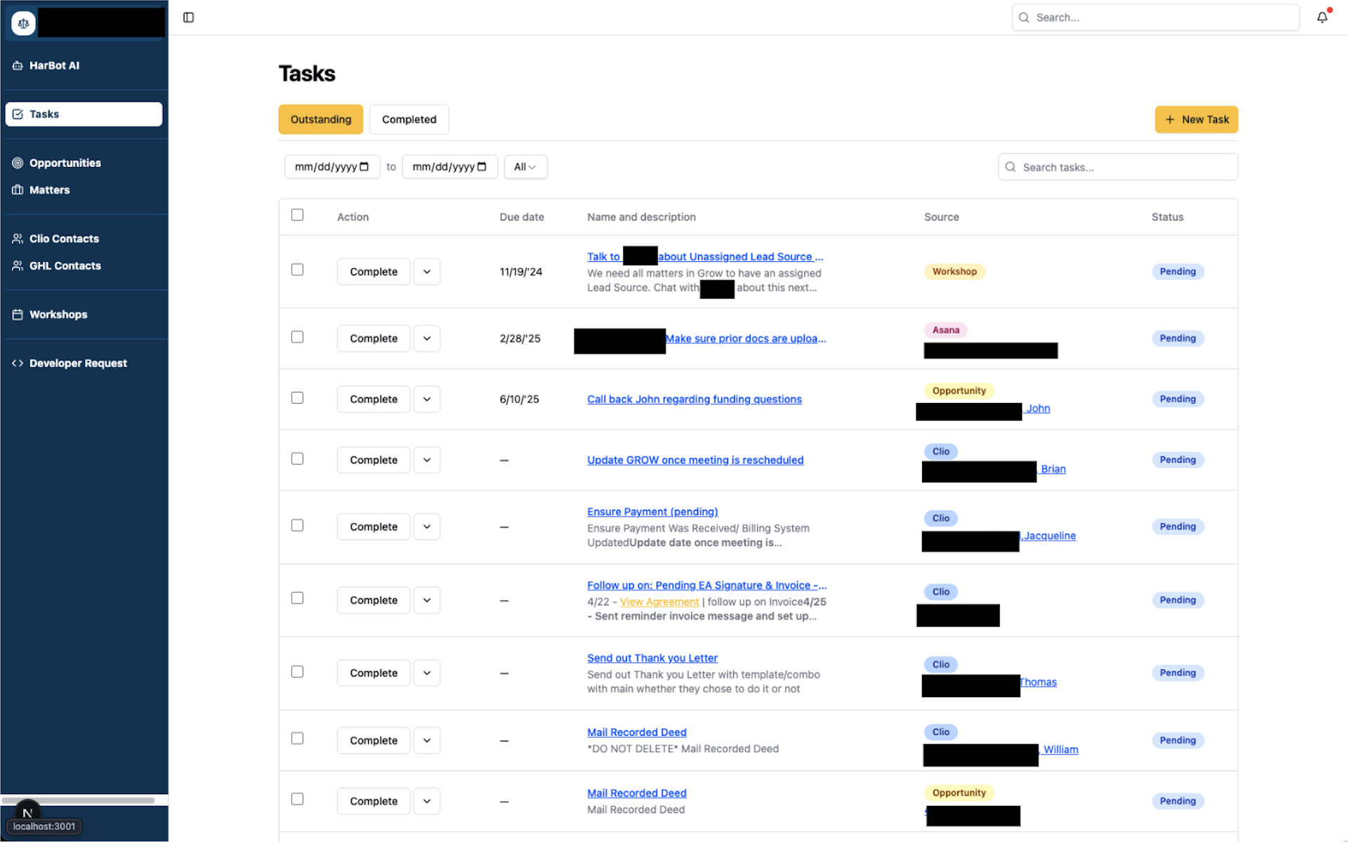 Custom CRM task management interface showing unified task board with deadline tracking