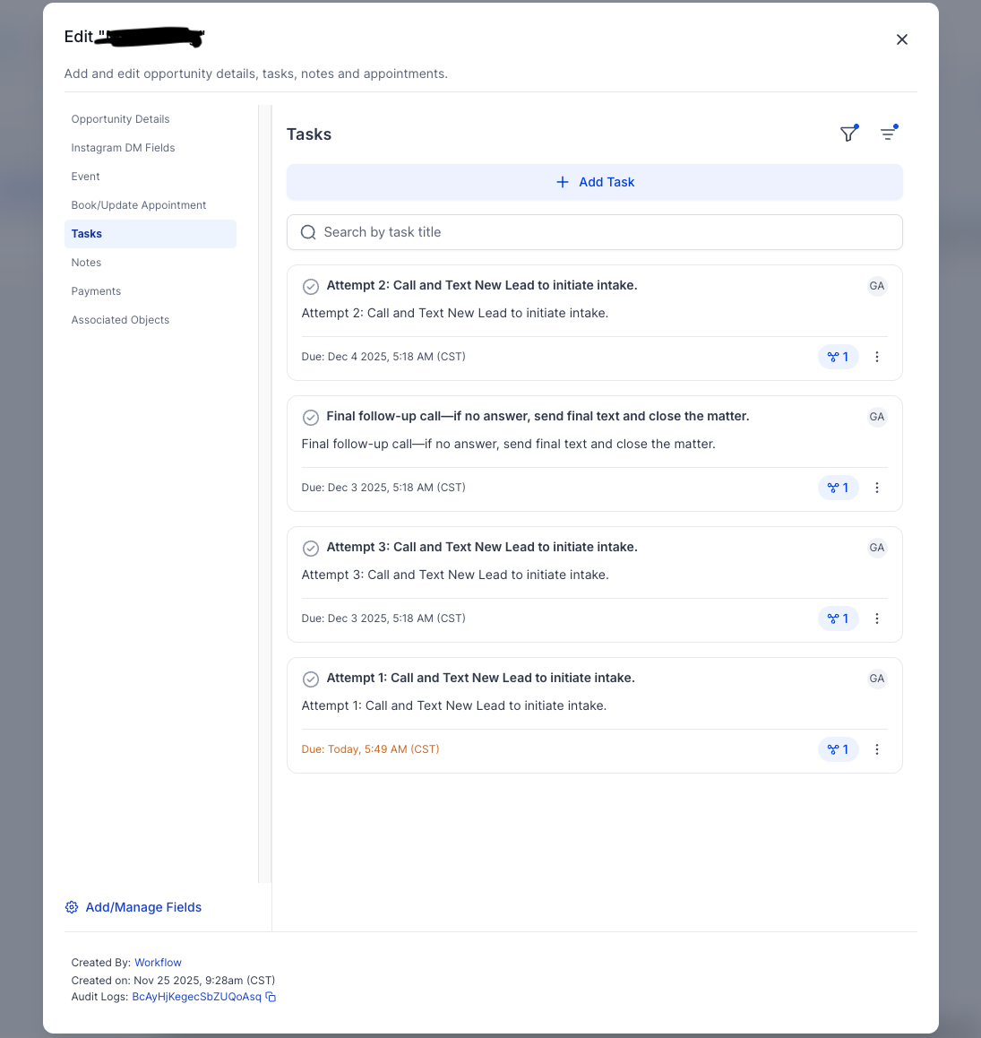 Automatically generated follow-up tasks for no-show lead